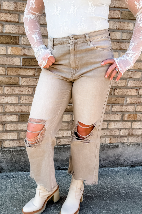 Sweetly Distressed Oatmeal Cropped Denim Jeans