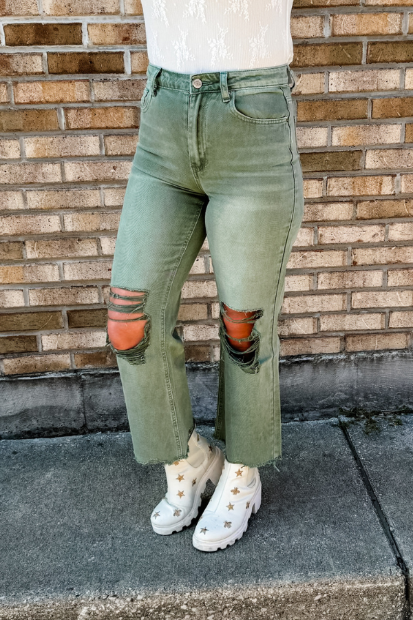 Sweetly Distressed Olive Cropped Denim Jeans